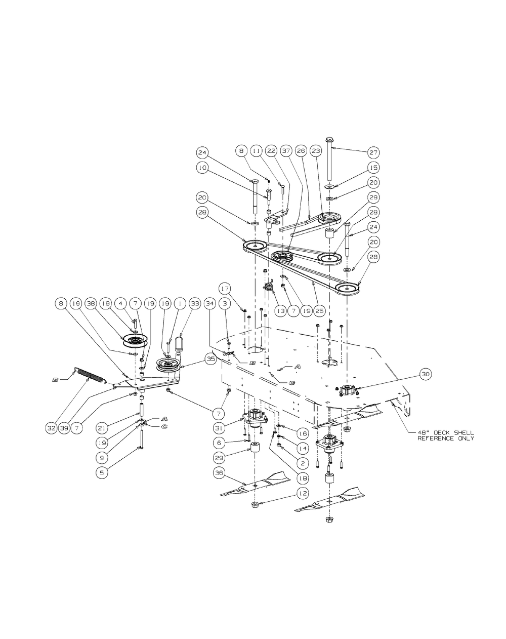 Fabricated Deck Spindle Assembly 48-Inch Diagram and Parts List for RECON48 53AH8ST3050-23HP Cub Cadet Lawn Tractor
